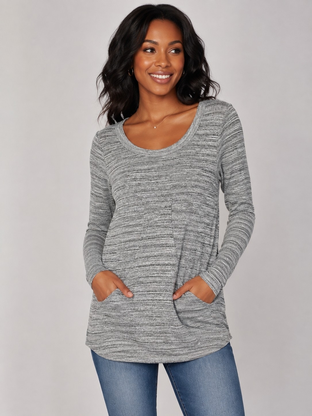 Sparkle & Fade Gray Marled Scoop Neck Tunic with Front Accent Pocket